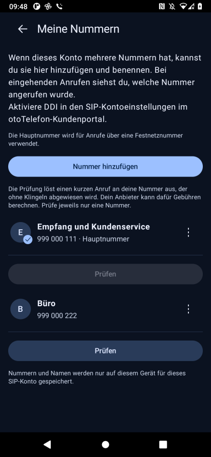 Meine Nummern in bitCaller: Empfang, Kundenservice und Büro.