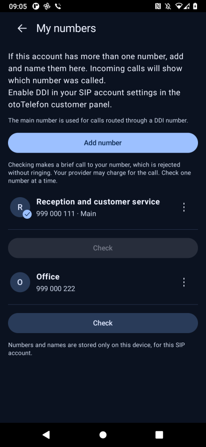 My numbers in bitCaller: reception, customer service and office.