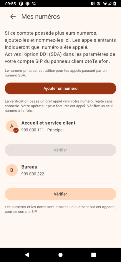 Mes numéros dans bitCaller : accueil, service client et bureau.