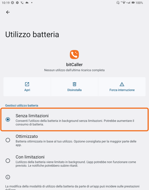 Uso della batteria senza restrizioni selezionato