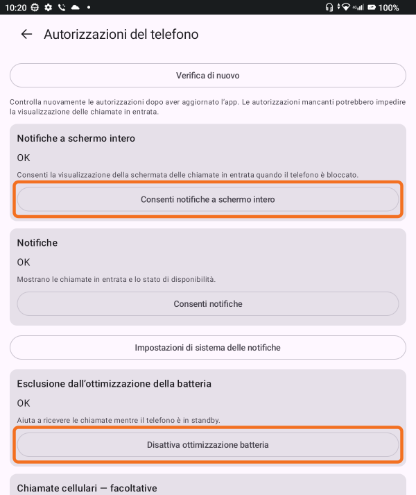 Pulsanti per configurare schermo intero e batteria