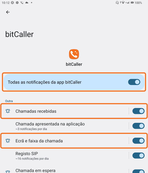Notificações ativadas e as duas categorias de chamadas