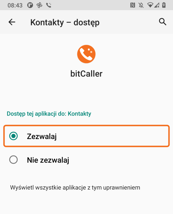 Contacts permission with Allow selected