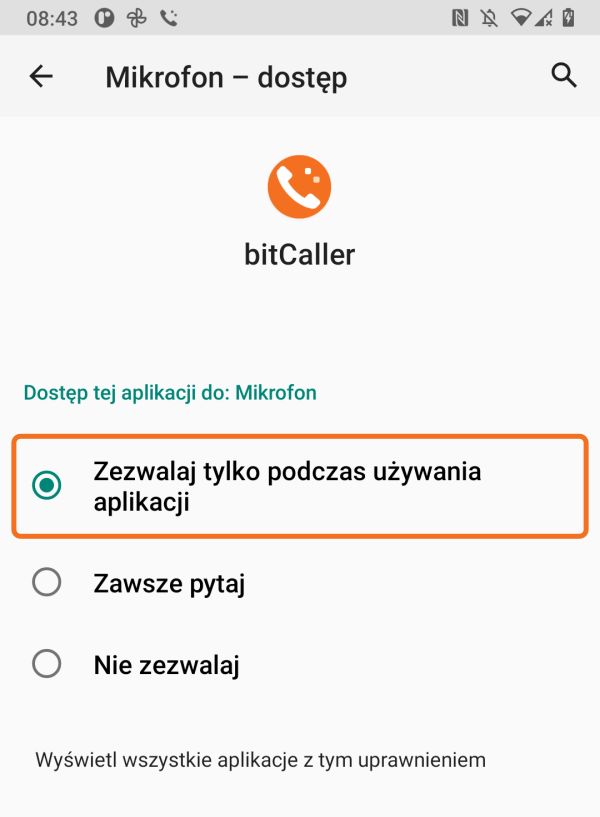 Microphone permission with access while using the app selected