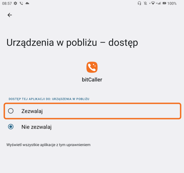 Nearby devices permission with Allow selected