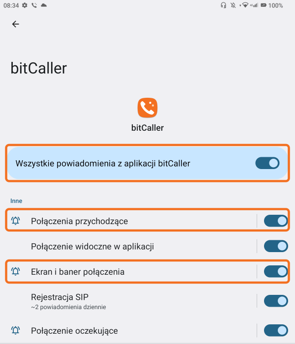 bitCaller notifications enabled with two call categories